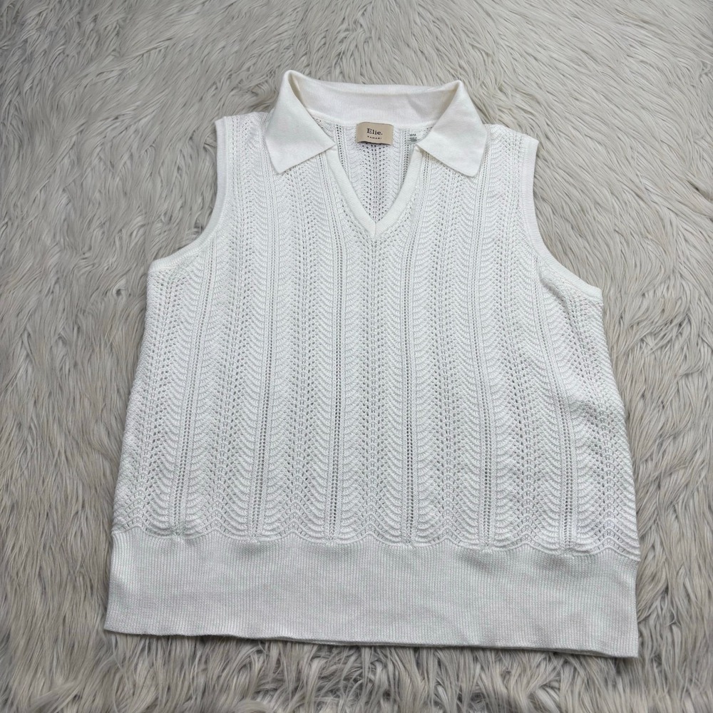 Elie Tahari Women's M White Open Knit Sleeveless Polo Shirt Preppy Tenniscore